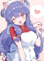 1girl absurdres animal_ears apron bell bowl breasts cat_ears cat_tail chinese_clothes colorful_background double_bun dress food hair_bell hair_bun hair_ornament highres long_hair looking_at_viewer maid_headdress noodles print_dress purple_hair ramen ranma_1/2 red_dress red_eyes red_shoes shampoo_(ranma_1/2) shoes sidelocks solo tail white_apron