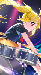 1girl absurdres ahoge black_shirt blush bocchi_the_rock! bow bowtie bun_with_braided_base detached_ahoge drum drum_set floating_hair from_side highres ijichi_nijika instrument light_smile long_hair playing_drum red_bow red_bowtie red_eyes shirt short_sleeves side_ponytail solo sweat yueyueyue_yao