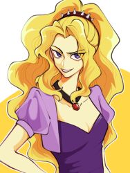 Rule 34 | 1girl, adagio dazzle, adagio dazzle (human), aegyo sal, blonde hair, breasts, cleavage, collarbone, colored skin, commentary, cropped jacket, curtained hair, eyes visible through hair, gem, grin, hair tie, high ponytail, highres, jacket, jewelry, lower eyelashes only, mianzhijinbushicezhi, my little pony, my little pony: equestria girls, my little pony: friendship is magic, necklace, open clothes, open jacket, outline, ponytail, puffy short sleeves, puffy sleeves, purple eyes, purple jacket, purple shirt, raised eyebrow, red gemstone, shirt, short-sleeved jacket, short sleeves, sidelocks, simple background, small breasts, smile, solo, symbol-only commentary, two-tone background, upper body, upturned eyes, wavy hair, white background, white outline, yellow background, yellow skin
