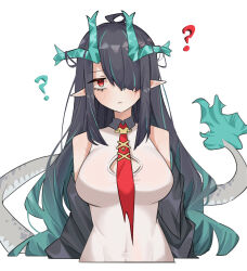 1girl ? absurdres aby_(user_fvmf5222) arknights bare_shoulders black_hair blush breasts cleavage_cutout closed_mouth clothing_cutout dragon_girl dragon_horns dragon_tail dress dusk_(arknights) green_hair hair_over_one_eye highres horns large_breasts long_hair looking_at_viewer multicolored_hair necktie one_eye_covered pointy_ears red_eyes red_necktie sidelocks simple_background sleeveless sleeveless_dress solo tail torn_clothes torn_necktie two-tone_hair white_background white_dress