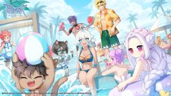 6+boys 6+girls adapted_costume ahoge alternate_costume armor back ball beachball bikini black_hair blonde_hair blue_bikini blue_eyes blue_hair blue_innertube blue_shirt blue_shorts blue_sky breasts brown_shorts cat_boy cleavage cloud collared_shirt cone_hair_bun copyright_notice cross cross_print dark-skinned_female dark_skin double_bun eunha_(ragnarok_online) eyewear_on_head food fruit full_body furry furry_male gelatin green_shorts gypsy_(ragnarok_online) hair_bun hair_net hawaiian_shirt heterochromia highres holding holding_ball holding_beachball logo long_hair looking_at_viewer mechanic_(ragnarok_online) medium_breasts multiple_boys multiple_girls official_art official_wallpaper open_mouth orange_shirt pauldrons peco_peco pink_hair pool pope_(ragnarok_online) poring purple_eyes purple_hair purple_innertube ragnarok_online red_armor red_eyes rubber_duck shirt short_hair shorts shoulder_armor shrug_(clothing) sitting sky sleeveless sleeveless_shirt slime_(creature) smile standing sunglasses super_novice_(ragnarok_online) swimsuit tan taruk two-tone_shirt upper_body water watermelon watermelon_slice white_bikini white_hair white_shirt wind_hawk_(ragnarok_online)