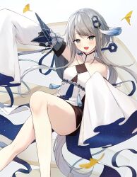 1girl absurdres arm_up artist_name bare_shoulders blush breasts collarbone cropped detached_sleeves dress genshin_impact green_eyes grey_hair guizhong_(genshin_impact) hair_ornament hands_up highres hiwokawa long_sleeves looking_at_viewer medium_breasts open_mouth short_hair short_hair_with_long_locks sidelocks simple_background sitting sky sky_print smile solo space_print star_(sky) starry_sky starry_sky_print tassel tassel_hair_ornament tongue white_background white_dress wide_sleeves