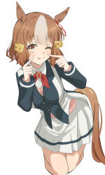 1girl :p absurdres animal_ears belno_light_(umamusume) black_jacket blazer blue_jacket blush brown_eyes brown_hair buckwheat638478 closed_mouth commentary dress_shirt grey_hair hair_ornament highres horse_ears horse_girl horse_tail horseshoe_ornament jacket kasamatsu_tracen_school_uniform kneeling letter_hair_ornament long_sleeves looking_at_viewer miniskirt multicolored_hair multicolored_jacket neck_ribbon one_eye_closed pink_sweater pleated_skirt pointing pointing_at_self red_ribbon ribbon school_uniform shirt short_hair simple_background skirt smile solo streaked_hair sweater tail tongue tongue_out two-tone_jacket umamusume umamusume:_cinderella_gray white_background white_jacket white_shirt white_skirt wing_collar