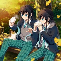 1other 2boys :t alternate_costume aqua_eyes aqua_hair aqua_necktie aqua_pants steamed_bun bench black_hair black_jacket blush brothers brown_fur brown_vest cat closed_mouth eating food gradient_hair hana_ni_nare highres holding holding_food jacket kimetsu_no_yaiba long_hair long_sleeves male_focus multicolored_fur multicolored_hair multiple_boys necktie orange_fur pants school_uniform shirt siblings striped_necktie sweater_vest tokitou_muichirou tokitou_yuichirou tree twins two-tone_hair vest white_fur white_shirt