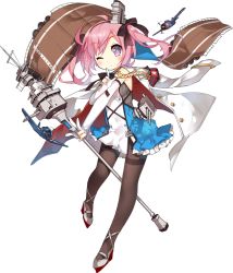1girl ;/ ahoge aircraft airplane azur_lane banner black_pantyhose bow elbow_gloves eyelashes female_focus flight_deck full_body gloves hair_bow hair_ribbon headgear holding legs_apart looking_at_viewer machinery military military_uniform naval_uniform official_art pantyhose pink_hair purple_eyes ribbon saratoga_(azur_lane) saru scepter ship_turret simple_background solo transparent_background twintails white_gloves