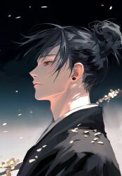 Rule 34 | 1boy, black hair, black kimono, blue sky, branch, brown eyes, chinese commentary, commentary request, day, earrings, expressionless, eyelashes, from side, getou suguru, hair bun, highres, japanese clothes, jewelry, jujutsu kaisen, kimono, lips, looking ahead, male focus, nostrils, outdoors, parted lips, petals, pink lips, pointy nose, short hair, single hair bun, sky, solo, stud earrings, tanxianjia xiaomao, upper body
