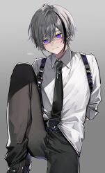 1boy arms_behind_back belt black_hair black_necktie black_pants black_shoes blush closed_mouth cowboy_shot cross cross_earrings cross_necklace ear_piercing earrings grey_background grey_hair hair_between_eyes highres jewelry leg_up looking_to_the_side male_focus multicolored_hair necklace necktie original pants piercing purple_eyes rip2 shirt shoes short_hair simple_background solo streaked_hair white_shirt