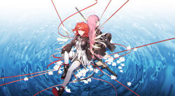 2girls absurdres ai_arctic_warfare arknights artist_name back-to-back black_boots black_gloves black_jacket bolt_action boots closed_mouth commentary_request cropped_jacket cross cross_earrings dated detached_wings dress earrings energy_wings exusiai_(arknights) exusiai_the_new_covenant_(arknights) fingerless_gloves flower gloves gun halo highres jacket jewelry kriss_vector lemuen_(arknights) looking_at_viewer morimori_(14292311) multiple_girls open_clothes open_jacket orange_eyes pink_eyes pink_hair red_hair red_ribbon ribbon rifle ripples siblings signature sisters sitting_on_water sniper_rifle string string_of_fate submachine_gun thigh_strap thighhighs water weapon white_dress white_flower white_thighhighs wings