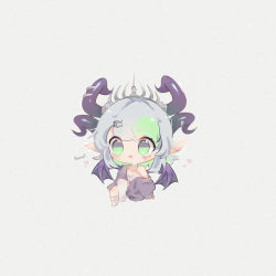 1girl blue_hair apricot_the_lich camisole chibi green_background green_hair grey_camisole grey_sweater horns me_o_wy multicolored_hair multiple_horns off_shoulder pointy_ears purple_eyes short_hair socks solo streaked_hair sweater tiara virtual_youtuber vshojo