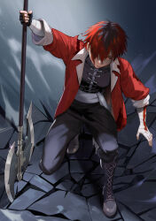 1boy axe bandaged_arm bandages battle_axe black_boots black_gloves black_hair black_pants black_shirt blood blood_on_arm blood_on_clothes blood_on_face boots closed_mouth fingerless_gloves gloves highres holding holding_axe jacket looking_at_viewer male_focus multicolored_hair open_clothes open_jacket orange_eyes pants peach_luo red_hair red_jacket sash shirt short_hair single_glove solo sousou_no_frieren stark_(sousou_no_frieren) two-tone_hair weapon white_sash
