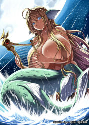 1girl blonde_hair blue_eyes breasts censored cleavage convenient_censoring female_focus full_moon harp huge_breasts instrument kloah long_hair mermaid moeru!_jiten moeru!_yousei_jiten monster_girl moon navel ocean original shooting_star smile solo very_long_hair water wet