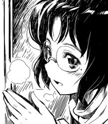 1girl female_focus glasses greyscale kubocha monochrome open_mouth original own_hands_together portrait solo