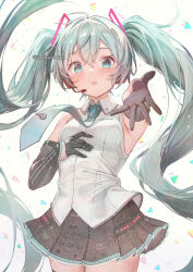 1girl amayomiyu aqua_eyes aqua_hair aqua_necktie armpits black_gloves black_skirt blush commentary commission cowboy_shot detached_sleeves faux_traditional_media gloves half_gloves hand_on_own_chest hatsune_miku hatsune_miku_(vocaloid4) headphones long_hair necktie outstretched_arm outstretched_hand parted_lips pleated_skirt reaching reaching_towards_viewer shirt skeb_commission skirt sleeveless sleeveless_shirt solo twintails twitter_username very_long_hair vocaloid white_shirt