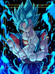 Rule 34 | 1boy, adjusting clothes, adjusting gloves, aura, black background, blue eyes, blue hair, blue pants, blue shirt, dougi, dragon ball, dragon ball super, earrings, gloves, jewelry, male focus, medium hair, neophyte illust, orange shirt, pants, potara earrings, shirt, simple background, smirk, solo, spiked hair, super saiyan, super saiyan blue, vegetto, white gloves