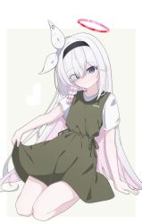 1girl alternate_costume black_hairband blue_archive braid cinamon_(cinamori) closed_mouth dress eyes_visible_through_hair green_dress grey_eyes hair_over_one_eye hair_ribbon hairband highres long_hair looking_at_viewer plana_(blue_archive) ribbon seiza shirt single_braid sitting skirt_hold solo white_hair white_ribbon white_shirt