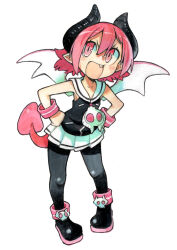 1girl absurdres black_pantyhose blush demon_girl demon_tail demon_wings disgaea fang flat_chest full_body highres marker_(medium) open_mouth pantyhose pink_eyes pink_hair pointy_ears raspberyl skirt smile solo tail traditional_media wings yokadokadon