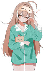 1girl absurdres ahoge alternate_costume bee brown_eyes brown_hair bug carrot cat_mask cowboy_shot eye_mask flower friend_(nanashi_mumei) green_pajamas hana20000920 highres hololive hololive_english insect light_frown long_hair mask multicolored_hair nanashi_mumei one_eye_closed pajamas rubbing_eyes sleeping sleepy star_(symbol) streaked_hair triangle_mouth very_long_hair virtual_youtuber zzz
