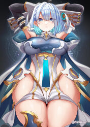 1girl arms_up bare_shoulders black_sleeves blue_eyes blue_hair bodysuit breasts cape cowboy_shot detached_sleeves dreizehn_(shadowverse) dual_wielding gloves highres himuro_shunsuke holding large_breasts medium_hair shadowverse shadowverse:_worlds_beyond solo thighs two-sided_cape two-sided_fabric white_bodysuit white_gloves