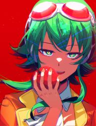 1girl apple ascot detached_collar food fruit goggles goggles_on_head green_eyes green_hair gumi hand_up highres jacket looking_at_viewer open_mouth orange_jacket orange_nails portrait red_background red_goggles sciok1 simple_background solo teeth upper_teeth_only vocaloid