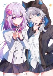 2girls ;3 alternate_costume animal_ears black_choker black_jacket black_skirt blue_eyes breasts castorice_(honkai:_star_rail) cat_ears choker cipher_(honkai:_star_rail) cleavage flower grey_hair hair_flower hair_ornament hands_up highres honkai:_star_rail honkai_(series) hood hooded_jacket jacket long_hair long_sleeves looking_at_viewer miniskirt multiple_girls one_eye_closed open_clothes open_jacket pleated_skirt purple_eyes purple_flower purple_hair shirt simple_background skirt smile thighhighs urasozopi very_long_hair white_background white_jacket white_shirt white_thighhighs