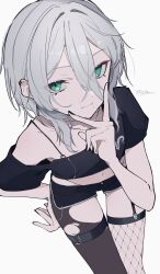 1girl absurdres asymmetrical_legwear bent_over black_shorts breasts cropped_shirt fishnet_thighhighs fishnets green_eyes grey_hair haku_(yanhaku) highres looking_at_viewer medium_hair navel original short_shorts short_sleeves shorts simple_background small_breasts solo thigh_strap thighhighs v white_background wolf_cut