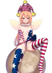 absurdres american_flag american_flag_print asymmetrical_gloves asymmetrical_legwear bare_shoulders blonde_hair breasts cameltoe cleavage clownpiece corset elbow_gloves fairy_wings flag_print gloves hat highleg highres jester_cap leo23 long_hair microskirt midriff mismatched_gloves mismatched_legwear navel neck_ruff polka_dot purple_hat red_eyes skirt small_breasts star_(symbol) star_print thighhighs touhou wings