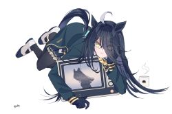 Rule 34 | 1girl, ahoge, animal ears, animal print, artist name, black coat, black gloves, black hair, black pantyhose, black skirt, cat print, coat, cup, ear ornament, ear tag, earrings, eyes visible through hair, frilled skirt, frills, gloves, grey hair, hair over one eye, hair ribbon, horse ears, horse girl, horse tail, jewelry, kuro sato, long bangs, long hair, long sleeves, looking at viewer, manhattan cafe (umamusume), mug, multicolored hair, pantyhose, parted lips, pleated skirt, ribbon, shoes, signature, simple background, single earring, skirt, solo, steam, tail, television, umamusume, very long hair, white background, white shoes