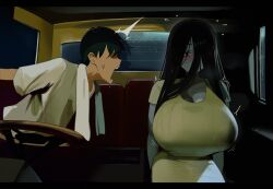 Rule 34 | 1boy, 1girl, absurdres, black hair, booruguru, breasts, camisole, cleavage, colored skin, derivative work, dress, flying sweatdrops, ghost, grey skin, hair over one eye, highres, kuntilanak, large breasts, light blush, long dress, long hair, malaysian clothes, motion lines, notice lines, open mouth, original, screenshot redraw, short hair, surprised, sweat, sweaty clothes, taxi, vehicle interior, white camisole
