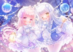 2girls :o ;d animal_ear_fluff animal_ears award_ribbon bell beret blue_dress blurry blurry_background blush bow bowtie capelet commentary_request cowboy_shot dress gloves hat holding holding_bell holding_lantern lantern long_hair long_sleeves looking_at_viewer multiple_girls omochi_monaka one_eye_closed open_mouth original pantyhose parted_lips petticoat pink_eyes pink_hair puffy_long_sleeves puffy_sleeves rabbit_ears rabbit_girl signature smile snowflakes thighband_pantyhose very_long_hair white_bow white_bowtie white_capelet white_dress white_gloves white_hair white_hat white_pantyhose yellow_eyes