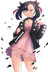 Rule 34 | 1girl, absurdres, asymmetrical bangs, backpack, bag, black choker, black hair, black jacket, black nails, breasts, choker, cleavage, cowboy shot, dress, earrings, green eyes, hair ribbon, hand up, highres, hinomoto (momo8843), holding, holding poke ball, jacket, jewelry, looking at viewer, marnie (pokemon), nintendo, pink dress, poke ball, pokemon, pokemon swsh, red ribbon, ribbon, simple background, small breasts, solo, stud earrings, thighs, twintails, undercut, white background