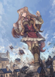 1girl adapted_costume animal_ear_fluff animal_ears arm_guards armor belt black_dress blue_sky boots breastplate brown_belt brown_boots brown_hair clenched_hands closed_mouth cloud cloudy_sky commentary commission dress dutch_angle english_commentary eyelashes full_body giant giantess hands_up knee_boots layered_dress leather_armor long_hair looking_at_viewer looking_down metal_hair_tubes neck_ribbon raccoon_ears raccoon_girl raccoon_tail raphtalia red_dress red_eyes red_ribbon ribbon short_hair sky smile solo striped_clothes striped_dress tail tate_no_yuusha_no_nariagari thighhighs trample two-tone_dress vertical-striped_clothes vertical-striped_dress white_dress yilx zettai_ryouiki