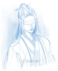 1boy blindfold blue_theme chinese_clothes closed_mouth hair_ornament hair_stick hanfu long_hair male_focus modao_zushi monochrome simple_background solo topknot twitter_username upper_body watermark white_background xiao_guan_(headdress) xiao_xingchen ykmr_(haga)