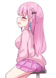 1girl between_legs black_bow blunt_bangs blush bow braid breasts cardigan closed_eyes clothed_masturbation cowboy_shot female_masturbation from_side hair_bow half_updo hand_between_legs hololive implied_masturbation kanami9731 long_hair long_sleeves masturbation medium_breasts minato_aqua miniskirt on_chair one_side_up open_mouth pink_cardigan pink_hair pink_skirt plaid_clothes plaid_skirt pleated_skirt raised_inner_eyebrows sidelocks simple_background sitting skirt solo stool straight_hair virtual_youtuber white_background