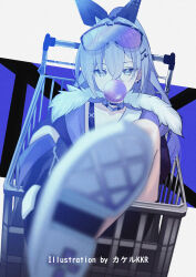 1girl artist_name black_jacket blowing_bubble_gum blurry blurry_foreground chewing_gum feet foot_focus fur-trimmed_jacket fur_trim grey_eyes grey_hair hair_ornament hair_ribbon highres honkai:_star_rail honkai_(series) in_shopping_cart jacket long_hair looking_at_viewer missing_commentary multicolored_hair purple_hair purple_ribbon ribbon shopping_cart silver_wolf_(honkai:_star_rail) solo srpzk two-tone_hair