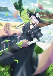 Rule 34 | 1girl, aozoradoesart, black dress, black hat, blue eyes, blurry, blurry background, blurry foreground, breasts, cleavage, cleavage cutout, clothing cutout, cogita (pokemon), commentary, dress, english commentary, eyelashes, flower, gloves, grass, hat, hat flower, highres, holding, holding paper, holding quill, jewelry, looking at viewer, nintendo, ocean, on grass, paper, pokemon, pokemon legends: arceus, quill, ruins, scattered paper, scenery, short hair, smile, solo, tree, white gloves, white hair