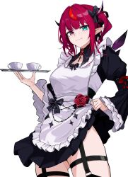 1girl apron black_bow black_dress blue_eyes blunt_bangs bow breasts brooch closed_mouth clothes_lift commentary crystal_wings cup curly_hair detached_collar detached_wings dress dress_bow flower frilled_apron frilled_dress frills garter_straps gluteal_fold hair_bow heterochromia highres holding holding_tray hololive hololive_english horns irys_(hololive) irys_(maid)_(hololive) jewelry juliet_sleeves layered_sleeves long_sleeves looking_at_viewer maid maid_apron medium_hair multicolored_hair official_alternate_costume official_alternate_hairstyle pointy_ears puffy_sleeves purple_eyes red_flower red_hair red_rose rose simple_background skirt skirt_lift smile solo streaked_hair teacup thigh_strap thighs tray ttsyrene twintails virtual_youtuber waist_bow white_apron white_background wide_sleeves wings