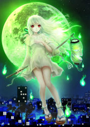 00 1girl bracelet building city city_lights expressionless female_focus floating floating_hair full_moon glowing green_hair highres hitodama house jewelry lantern long_hair moon night original paper_lantern red_eyes sky solo star_(sky) tabi traditional_youkai