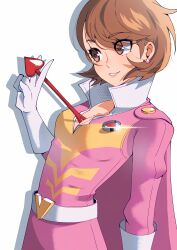 1girl absurdres arrow_(projectile) belt bodysuit breasts brown_eyes brown_hair cape cleavage commentary drop_shadow earrings english_commentary eyes_visible_through_hair flipped_hair gjh glint gloves heart heart_arrow highres holding holding_arrow jewelry official_alternate_costume parted_lips persona persona_3 persona_4:_the_ultimate_in_mayonaka_arena persona_4:_the_ultimax_ultra_suplex_hold pink_bodysuit pink_cape pink_lips popped_collar short_hair small_breasts solo stud_earrings takeba_yukari tokusatsu upper_body v white_background white_gloves