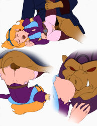1boy 1girl anal blonde_hair breast_sucking closed_eyes farning ganon hetero highres nintendo open_mouth penis pig_boy pig_nose pointy_ears princess princess_zelda rape sex simple_background testicles the_legend_of_zelda the_legend_of_zelda_(cartoon) tiara torn_clothes vaginal