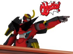 3d ace_attorney artist_request capcom gurren-lagann no_humans objection parody pointing solo standing tengen_toppa_gurren_lagann what white_background