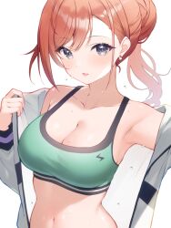 1girl arisugawa_natsuha armpits blush breasts cleavage collarbone commentary green_sports_bra hair_bun highres idolmaster idolmaster_shiny_colors jacket large_breasts linea_alba long_hair looking_at_viewer navel open_clothes open_jacket orange_hair shirasato_(phzm8733) simple_background single_hair_bun smile solo sports_bra sweat upper_body white_background white_jacket