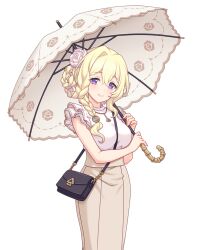 1girl bag between_breasts black_bag blonde_hair braid breasts closed_mouth cowboy_shot floral_print flower frilled_shirt frills hair_between_eyes hair_flower hair_ornament highres holding holding_umbrella jewelry large_breasts long_skirt looking_at_viewer lyrael_(princess_connect!) lyrael_(real)_(princess_connect!) necklace official_art parasol princess_connect! purple_eyes rose rose_print shirt shoulder_bag skirt sleeveless smile standing strap_between_breasts tachi-e umbrella white_flower white_rose white_shirt white_umbrella