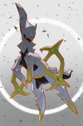 absurdres af_(afloatisland) arceus closed_mouth colored_sclera creatures_(company) full_body game_freak gen_4_pokemon green_sclera grey_background highres legendary_pokemon looking_at_viewer mythical_pokemon nintendo no_humans pokemon pokemon_(creature) red_eyes solo