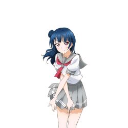 Rule 34 | 1girl, anime coloring, blue hair, blush, closed mouth, collarbone, cowboy shot, grey sailor collar, grey skirt, hair bun, leaning forward, long hair, looking at viewer, love live!, love live! school idol festival, love live! sunshine!!, miniskirt, neckerchief, official art, open hands, pleated skirt, purple eyes, red neckerchief, sailor collar, school uniform, shirt, short sleeves, single hair bun, single side bun, skirt, smile, solo, standing, summer uniform, tie clip, transparent background, tsushima yoshiko, uranohoshi school uniform, white shirt