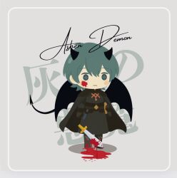 1boy :| black_boots black_cape blood blood_on_face blood_on_ground bloody_weapon blush_stickers boots border cape closed_mouth commentary commentary_request demon_horns demon_tail demon_wings diamond-shaped_pupils diamond_(shape) double-parted_bangs empty_eyes english_commentary english_text expressionless fire_emblem fire_emblem:_three_houses full_body green_eyes green_hair grey_background highres holding holding_sword holding_weapon horns looking_ahead male_byleth_(fire_emblem) male_focus mixed-language_commentary multilingual_commentary nintendo rhea_season short_hair solo standing staring sword symbol-shaped_pupils tail weapon wings