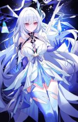 1girl bare_shoulders breasts broken_glass closed_mouth collarbone commentary cowboy_shot crystal dress english_commentary genshin_impact glass glass_shards grey_hair hair_between_eyes hair_ornament hand_up highres holding holding_sword holding_weapon large_breasts long_hair pink_eyes prosthesis skirk_(genshin_impact) solo sword thighs very_long_hair weapon white_dress wuzhihuijia