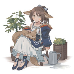 1girl animal animal_ears animal_on_lap apron arknights blue_apron blue_bow blue_coat blue_footwear blush bow brown_eyes bush coat dress fennec_fox fox_ears fox_girl fox_tail full_body fur-trimmed_coat fur_trim hair_bow high_heels highres infection_monitor_(arknights) looking_at_viewer on_lap perfumer_(arknights) plant ponytail potted_plant shadow short_hair sidelocks simple_background smile solo stool sushitarou tail tree twitter_username waist_apron watering_can white_background white_dress