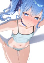 1girl absurdres barefoot blue_eyes blue_hair blush bracelet breasts camisole choker closed_mouth commentary diptip english_commentary grey_camisole grey_panties hair_between_eyes hair_ribbon highres hololive hoshimachi_suisei jewelry knees_out_of_frame knees_up looking_at_viewer lying midriff navel no_pants on_back paid_reward_available panties ribbon side_ponytail simple_background small_breasts solo symbol_in_eye twintails underwear virtual_youtuber white_background