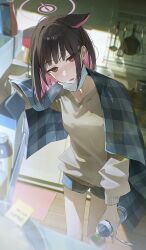 1girl absurdres animal_ears black_hair black_shorts blue_archive blue_cape blunt_ends blush brown_shirt cape cat_ears cat_girl colored_inner_animal_ears colored_inner_hair flatshi highres kazusa_(blue_archive) looking_at_viewer mask mouth_mask multicolored_hair open_mouth pink_eyes shirt short_hair short_shorts shorts sick sidelocks solo surgical_mask sweatdrop