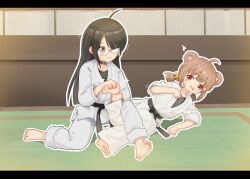 2girls ^^^ absurdres ahoge animal_ears asymmetrical_bangs barefoot bear_ears bear_girl bell belt black_belt black_choker black_hair blunt_bangs blunt_ends blush brown_hair chinese_commentary choker closed_mouth commentary_request dougi feet glasses hair_bell hair_ornament highres kuma-bound letterboxed long_hair low_twintails martial_arts_belt multiple_girls open_mouth original outline pants red_eyes sitting smile soles tearing_up tickling tickling_feet toes twintails white_outline white_pants